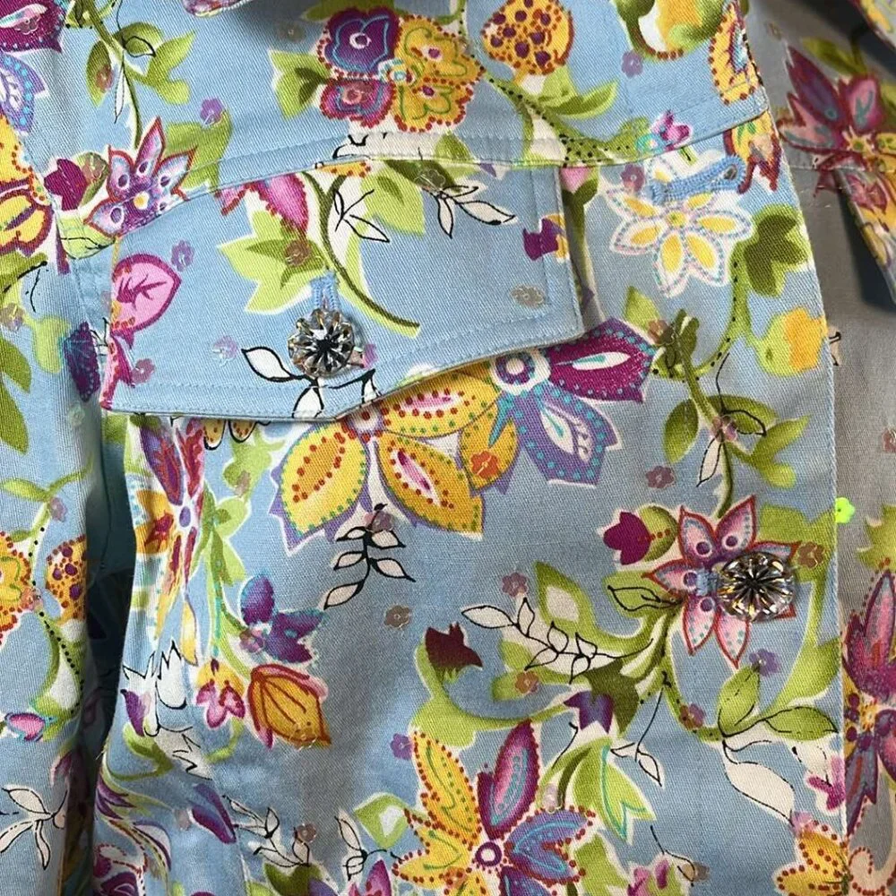 REDD Jeans Jacket Women's Sz 8 Blue Floral Iridescent Sequins Y2K Vtg Colorful A